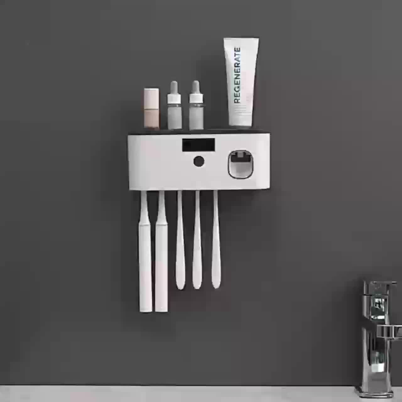 Smart Toothbrush Sanitizer with Automatic Toothpaste Dispenser – Wall-Mounted, 5-Slot Storage, Durable Plastic, USB Rechargeable Battery, Modern Bathroom Organizer for Electric Toothbrushes and Accessories, Toothbrush Holde